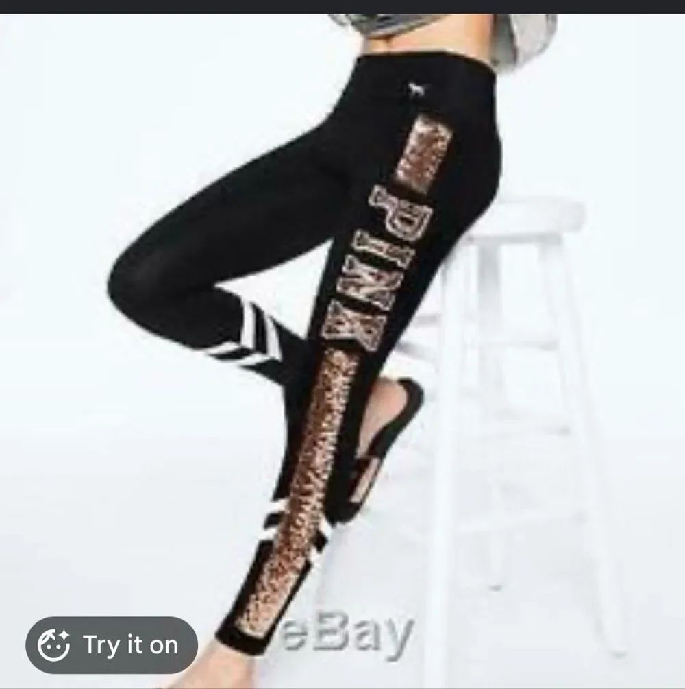 VS PINK logo  hi waisted cotton rose gold bling stripe yoga leggings/pants med